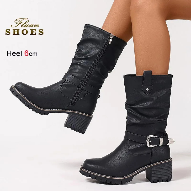 

Coarse Heel Mid-calf Boots Autumn Winter Women's Shoes Fashion Side Zipper Thick Soled Square Head Short Boots Black Lady Boots