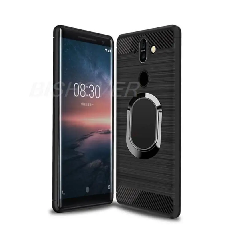 Funda de teléfono de silicona suave de fibra de carbono cepillado para nokia 8 sirocco, funda con soporte de anillo magnético