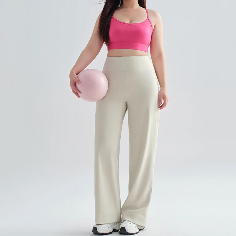 High Waist Straight Yoga Pants for Women All Match Solid Color Elastic Wide Leg Trousers Woman Pocket Sports Fitness Pants Mujer