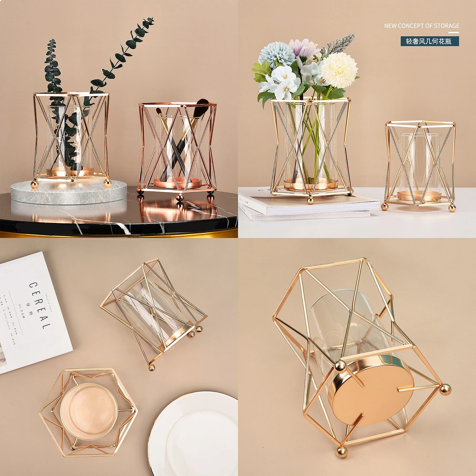 Ins Style Iron Art Geometric Glass Vase, Large Caliber Hydroponic Vase for Living Room Tabletop