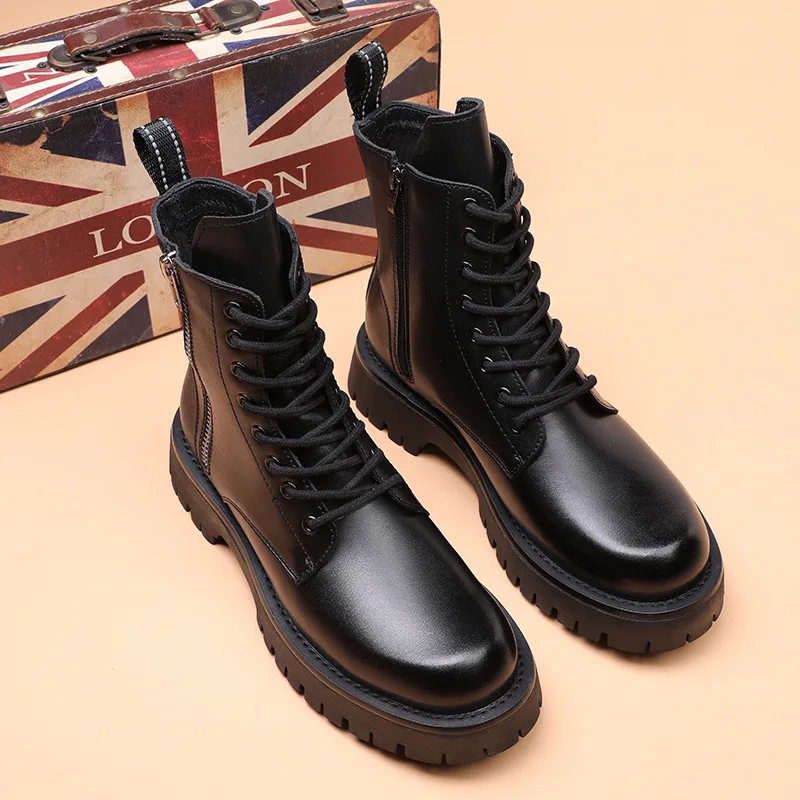 

Men's Leather Boots British Style Thick Sole Combat Boots Lace Up Zipper Anti-slip Casual Shoes Winter Warm Work Boots for Men