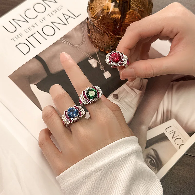 Copper plating18KGold Fashion Jewelry Imitation Red Corundum Blue Spinel Round Light Luxury Colorful Gemstone Ring for Women