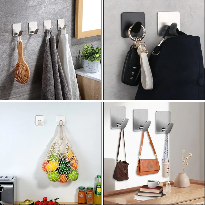 1/2/4/8pcs Adhesive Hooks Black Wall Hooks Heavy Duty Stainless Steel Towel Hooks for Hanging Towel Robes Loofah Utensils Key