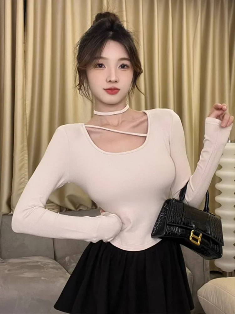 Women's Slim Fit Long Sleeve Fleece Lined Velvet Base Shirt Hollow out Design Casual Style T-shirt for Autumn New Arrival