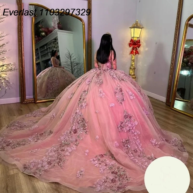 EVLAST-vestido De quinceañera rosa brillante, vestido De baile, apliques florales 3D, corsé con cuentas, México dulce 16, 15 años, TQD647