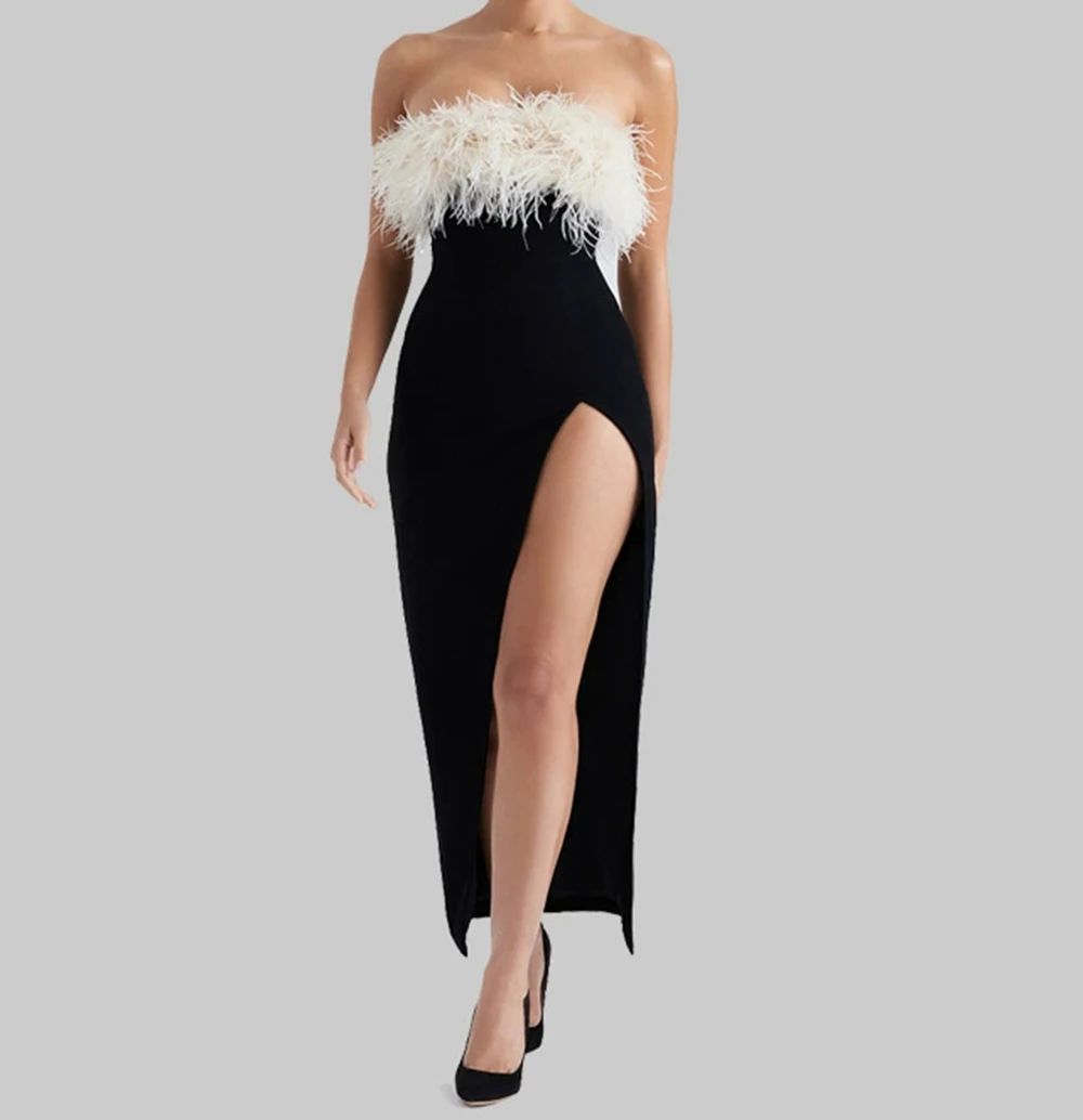

European and American popular one-shoulder contrast color ostrich feather tube top high slit bandage dress-GZXX1433