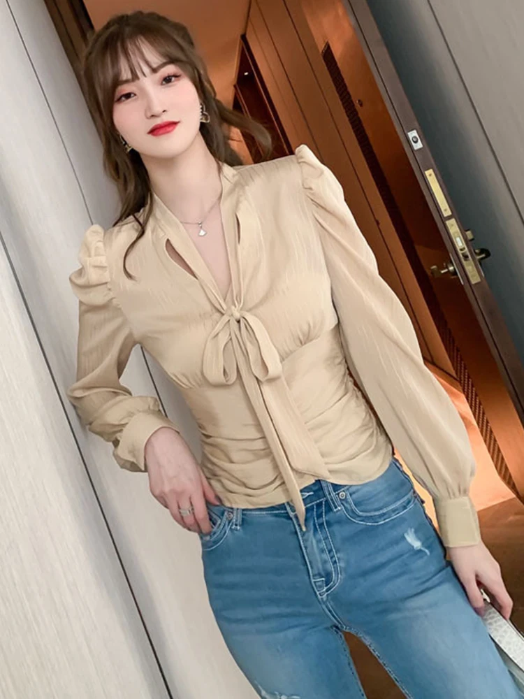 Spring Women's Blouse Casual Basic Elegant Khaki Chiffon V-neck Bow Puff Sleeve Single Breasted Shirt Office Street Tops Mujer