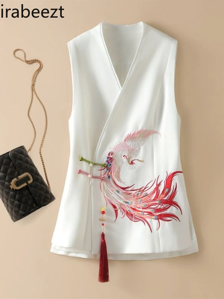 

Chinese Style Design Sense of Suit Jacket Female 2024 Autumn New Phoenix Embroidery White Regular Fit Vest for Women