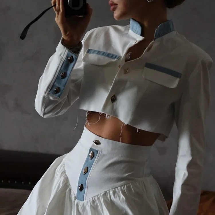 ストリート系ハイウエスト花柄スカート、欧米風セット、レディーススタンドカラー長袖ショートトップスのツーピースセット