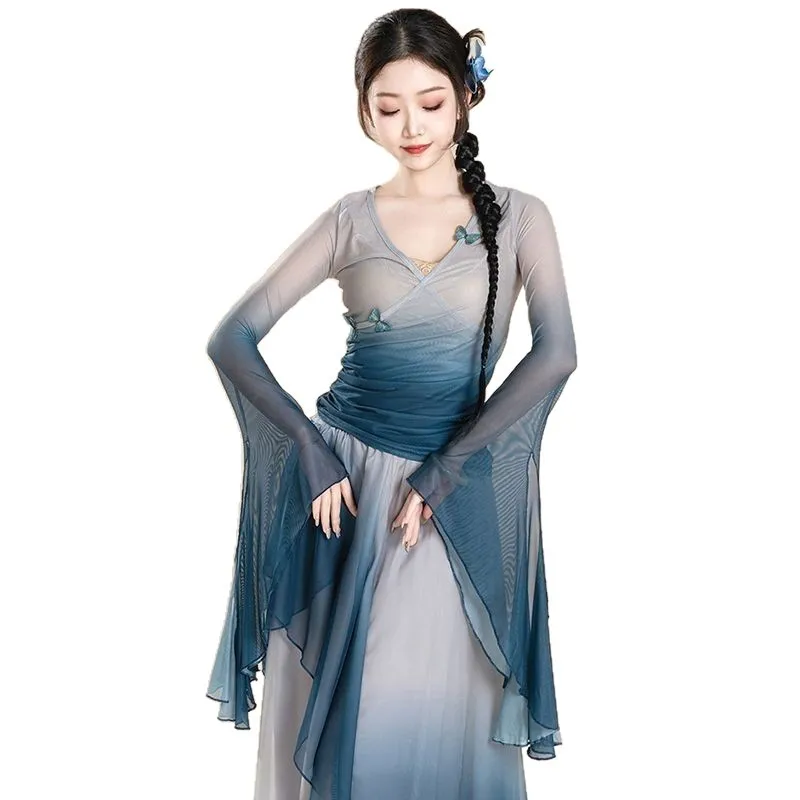 Costume de danse classique en gaze élégante, rime corporelle, changement progressif, Costume d'entraînement de danse folklorique chinoise pour femmes