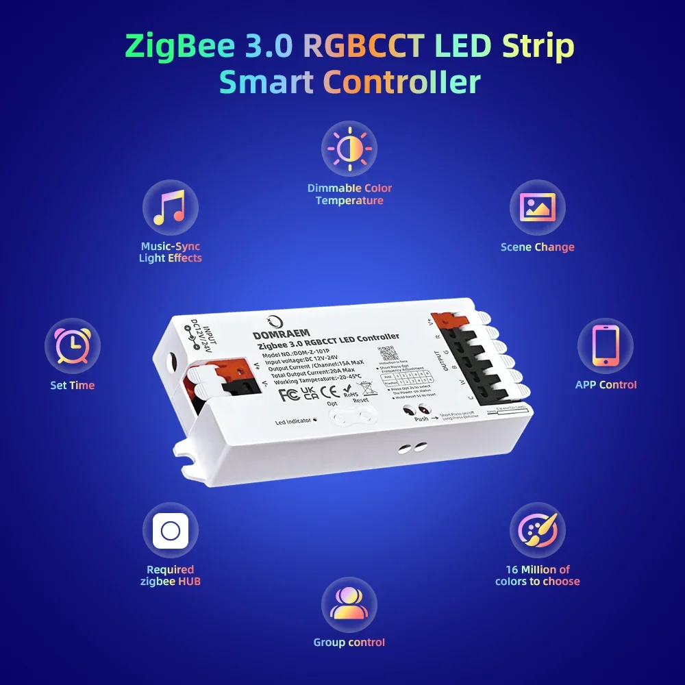 DOMRAEM Zigbee 3.0+2.4G RGBW RGBCCT LED Controller DC12-24V 20A Works with Hu*e/Echo Plus Etc. Alexa Voice APP Control