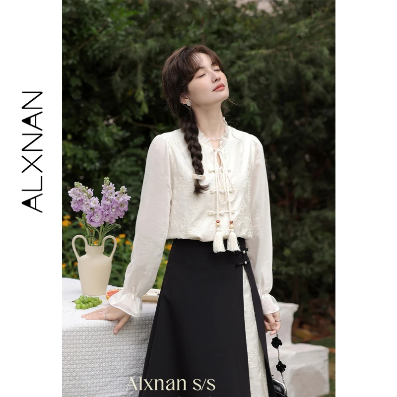 

ALXNAN Vintage Chinese Style Shirt Women Spring Ruffled Neckline Embroidered Fabric Ruffled Cuffs Blouses Long Sleeve Top L33558