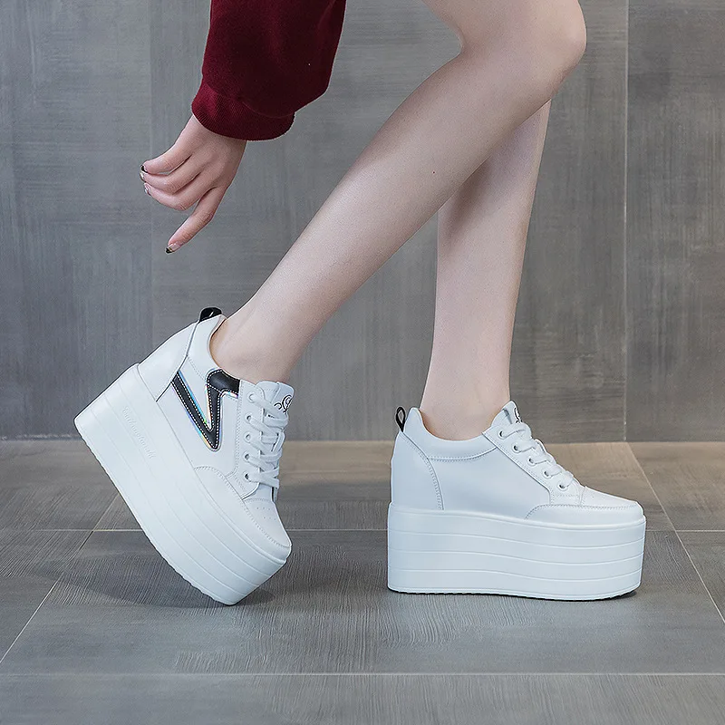 High quality 12cm Synthetic Genuine Leather Boot Ankle Women Autumn Spring Cowboy Platform Wedge High Brand Chunky Sneaker Shoes