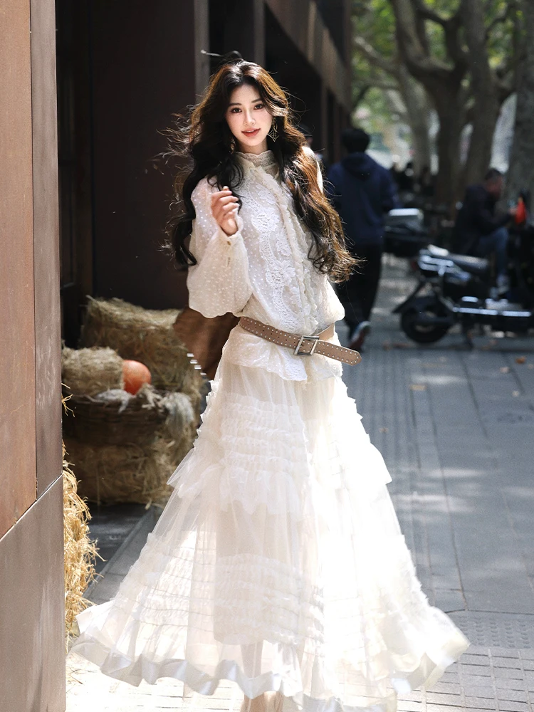 

AZure винтажный кружевной комплект в горошек с высоким воротником, прозрачная длинная основа Sve, комплект из двух предметов, нежный женский модный комплект