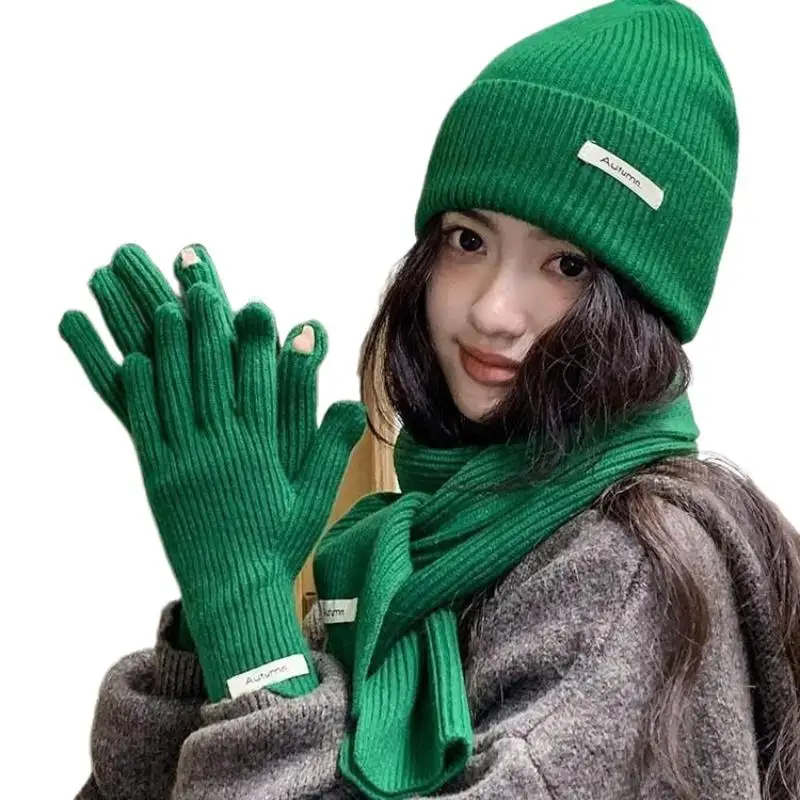 Knitted Winter Scarf Woman Solid Color Hat Scarf Gloves Women's Windproof Adult Three-piece Set Fashion Women's Scarf Hat Set