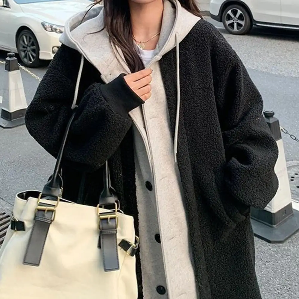 

Loose Hem Jacket Stylish Women's Winter Coat with Hood Colorblock Design Plush Warmth Knee Length Drawstring Overcoat for Cold