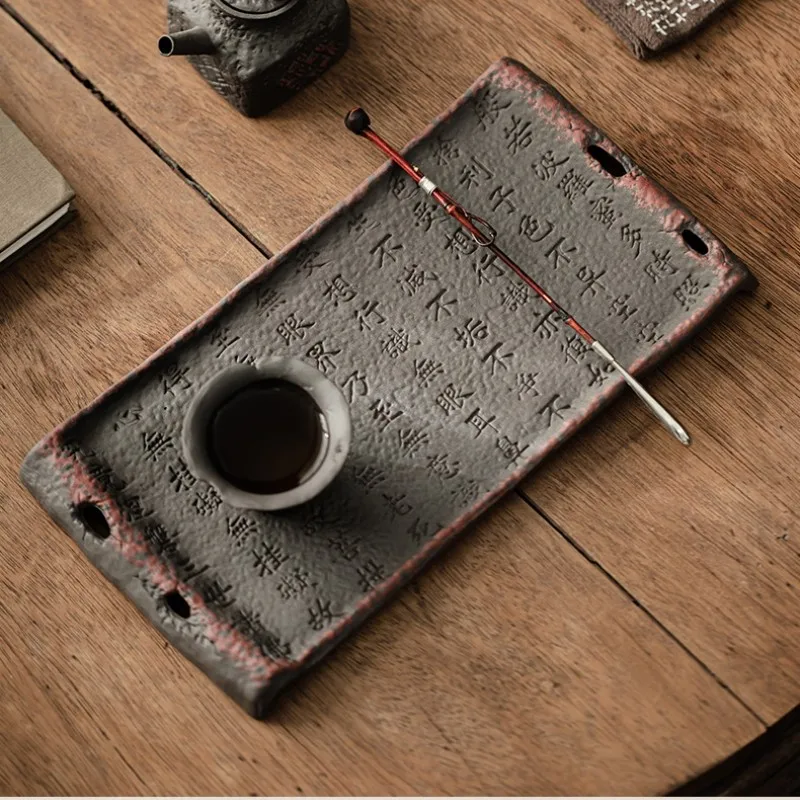Coarse Clay Gongfu Tea Tray With Sutra Inscription Multi-functional Pot Holder