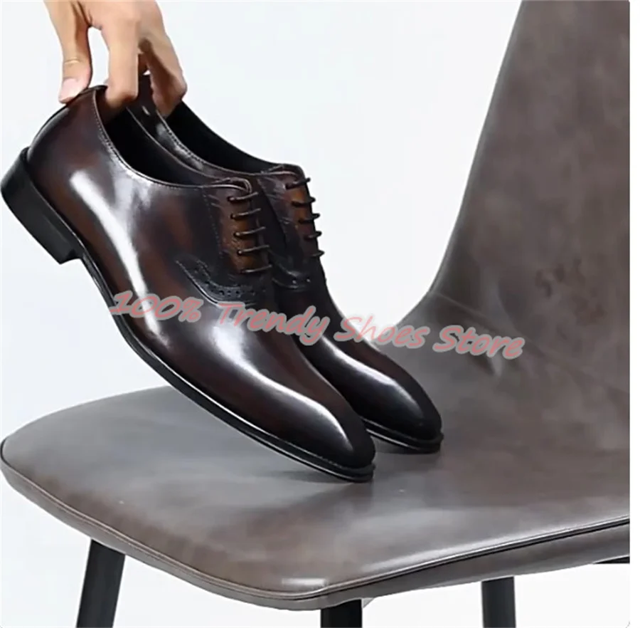 

Male Genuine Leather Lace-Up Oxofrds Wedding Business Formal Dress Shoes British Style Square Toe Chunky Heel Loafers for Men