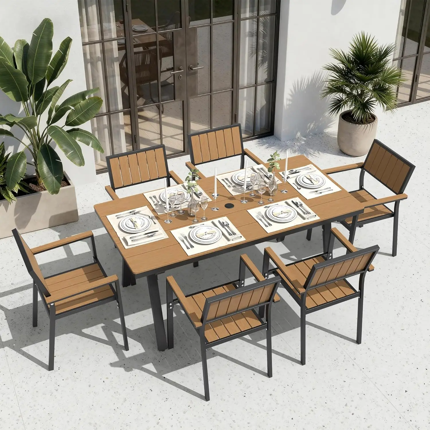 

Набор для обеда на открытом воздухе на 6 человек, стол для патио и стулья с отверстием для зонта, всепогодный HDPS + алюминий, на заказ