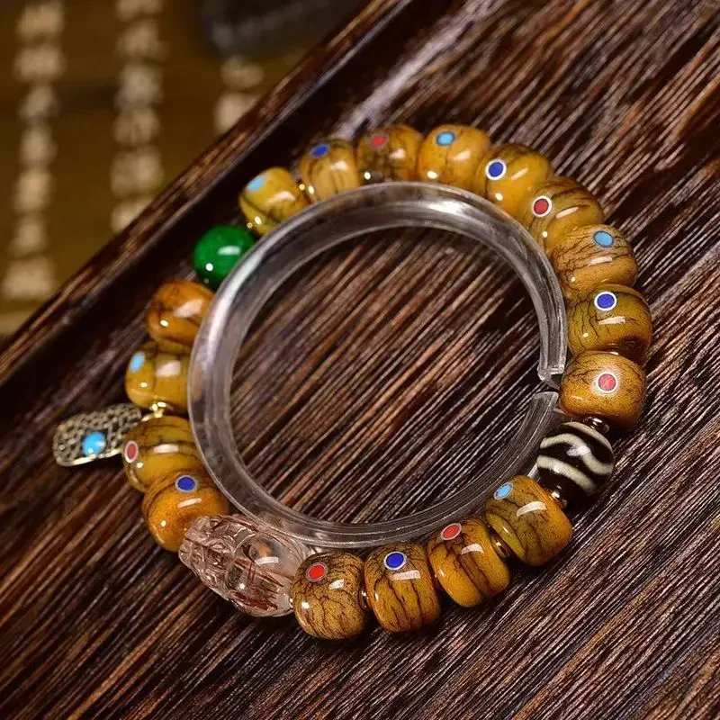 

Tibetan Backflow Bone Old Silver Duobao Inlaid Barrel Beads Bracelet Carving Pixiu Accessories Tibetan Men's Simple Hand String