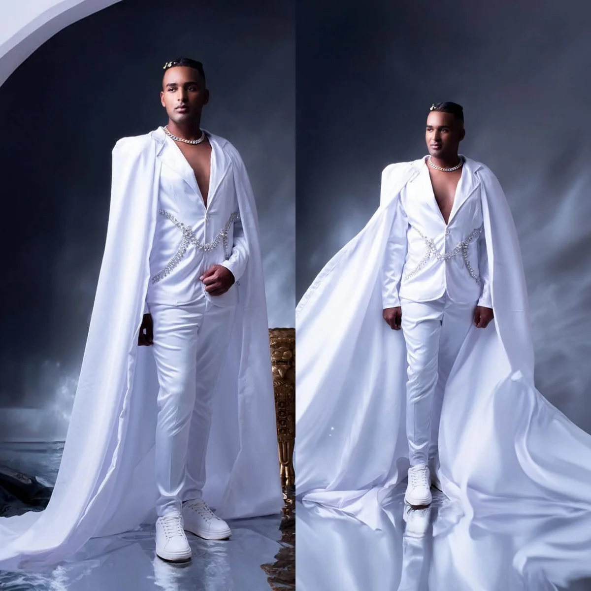 

White Men Wedding Tuxedos With Long Cape Crystal Beading Notched Lapel Groom Wear 2 Pieces Custom Made Birthday Party Show Sets