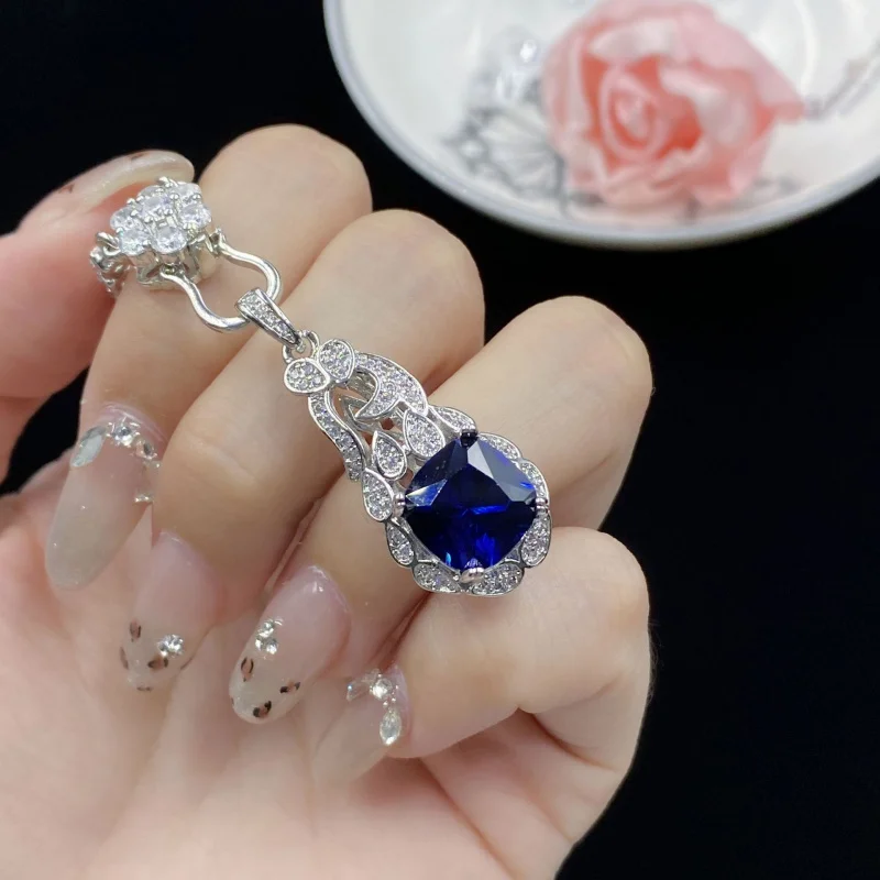 Blue Spinel Fluorescent Light Color-Changing Princess Cut Full Diamond Fashion Pendant Open Ring for Women Earrings Ear Drops