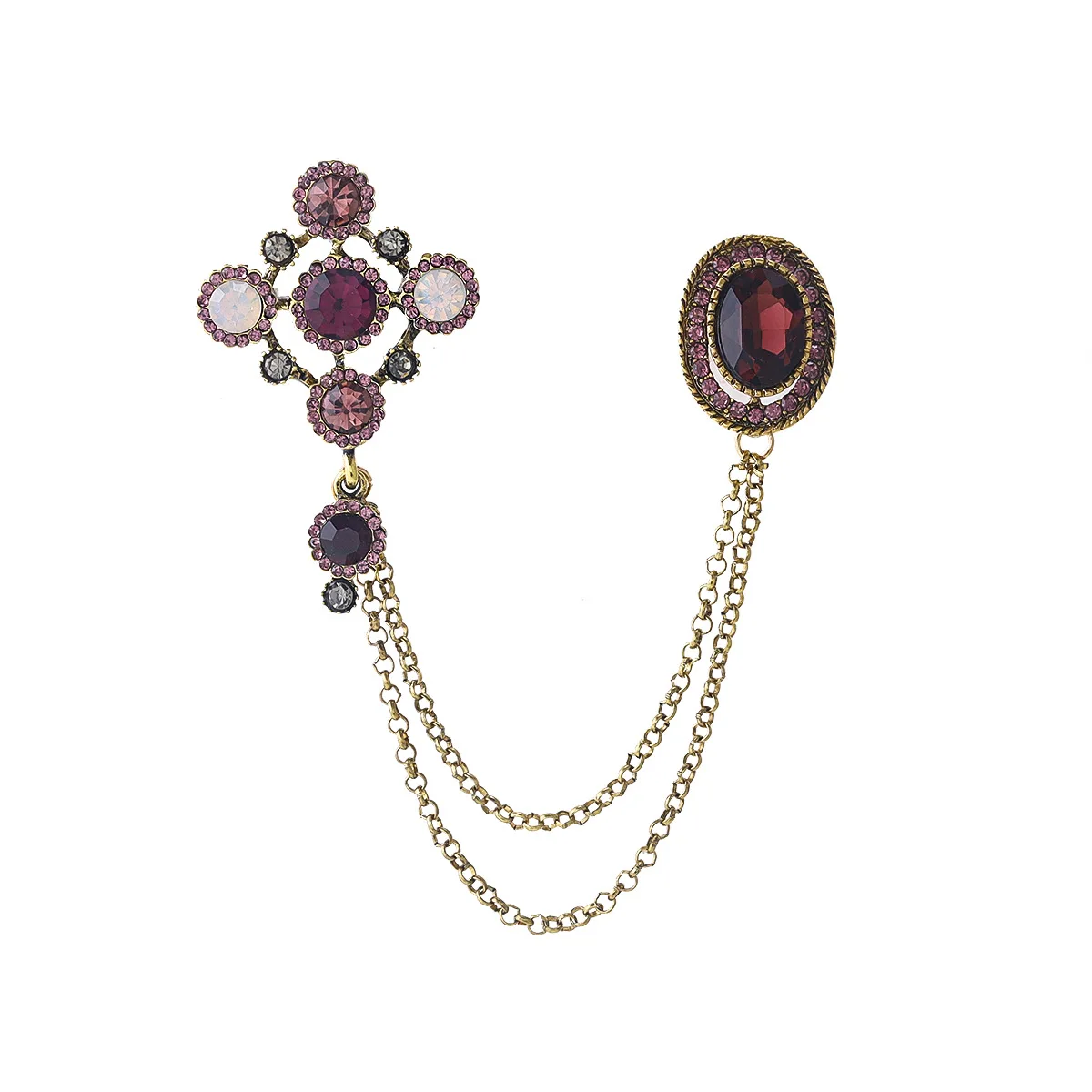 بروش رجالي فاخر أنيق مصنوع من خليط معدني مرصع بحجر الراين والكريستال دبوس على شكل زهرة وسلسلة على شكل طية صدر السترة لحفلات الزفاف