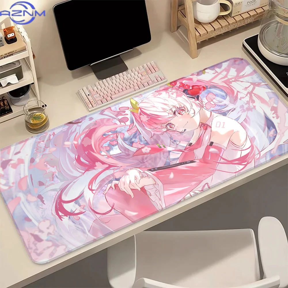 Anime Gaming Mouse Pad H-Hatsune M-Miku Kawaii Gamer Mousepad XXL Large Pink Sakura Kawaii Desktop Mat for Laptop PC Keyboard