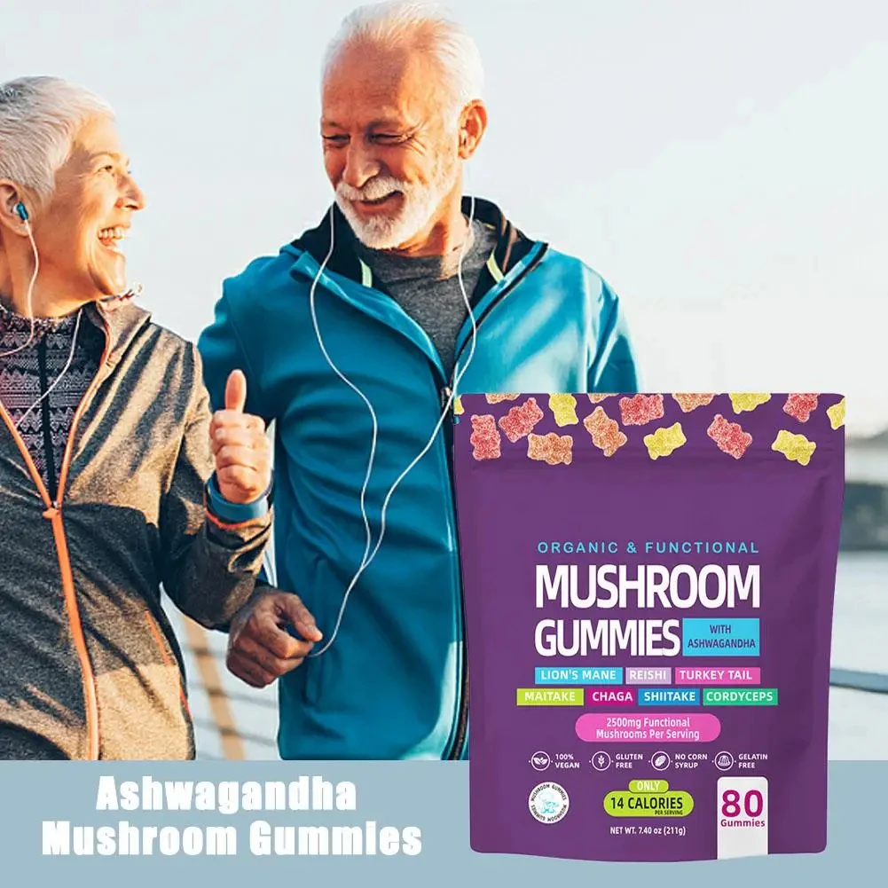 

2 bag Mushroom Gummies with KSM-66 Ashwagandha & Vitamin C Super Organic Supplement for Boosted Focus & Immune System Support