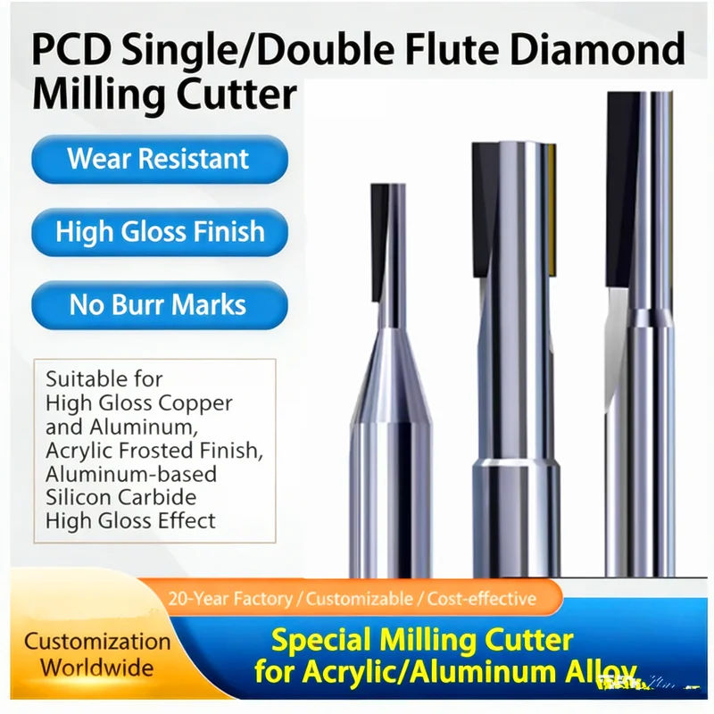 High Precision PCD Diamond Milling Cutter 2/3/4/6/8/10/12mm Shank 2 Flutes Carbide End Mill for Cast Aluminum Alloy Carbon Fiber