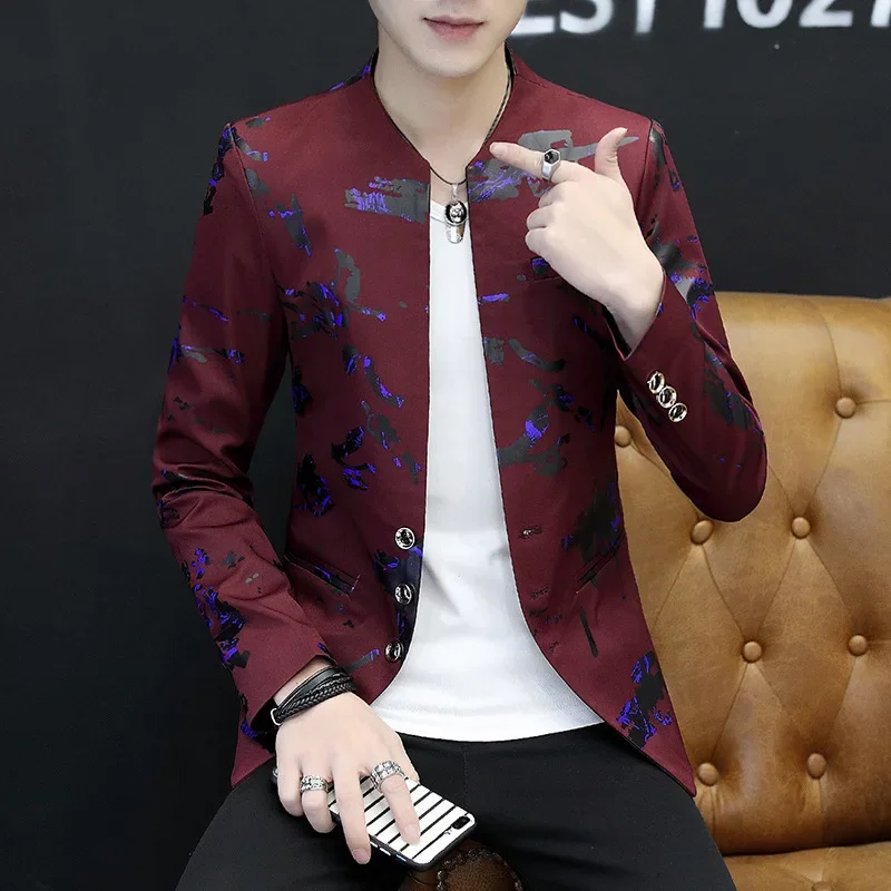 HOO 2024 Men\'s Spring New Fashion Printed Stand Collar Suit Slim Youth Leisure blazer
