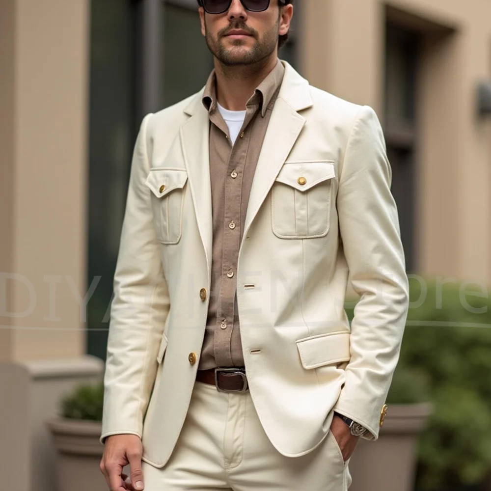 Men's Beige Multi-Pocket Suit Set Single Breasted Casual Outdoor Style Wear Comfortable Travel Leisure Male Suit 2 Piece