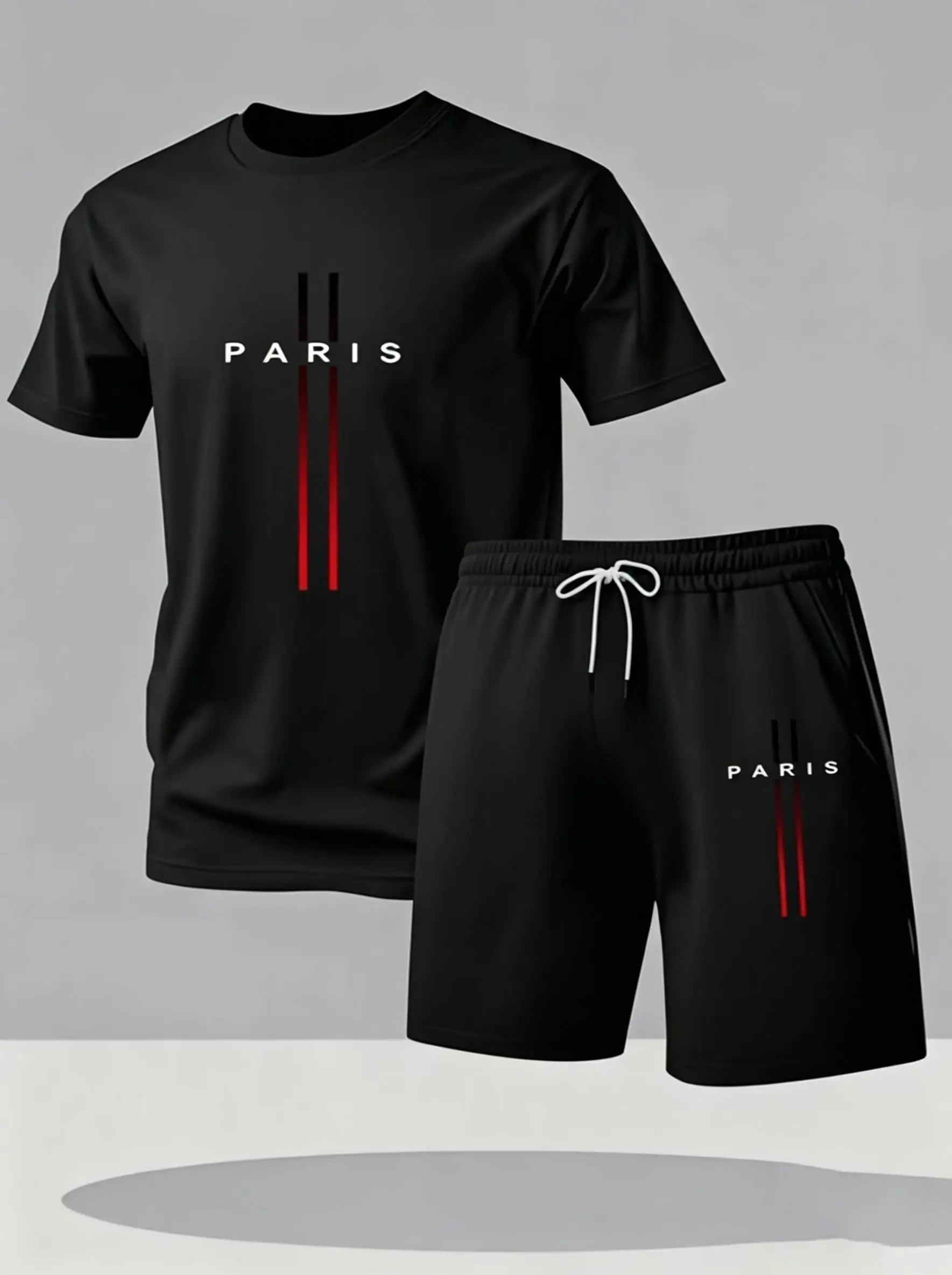 Men Quick Dry 2 Piece Sport Tracksuit Minimal PARIS Red Vertical Stripe Print Short Sleeve T Shirt Summer Casual Outfit Set