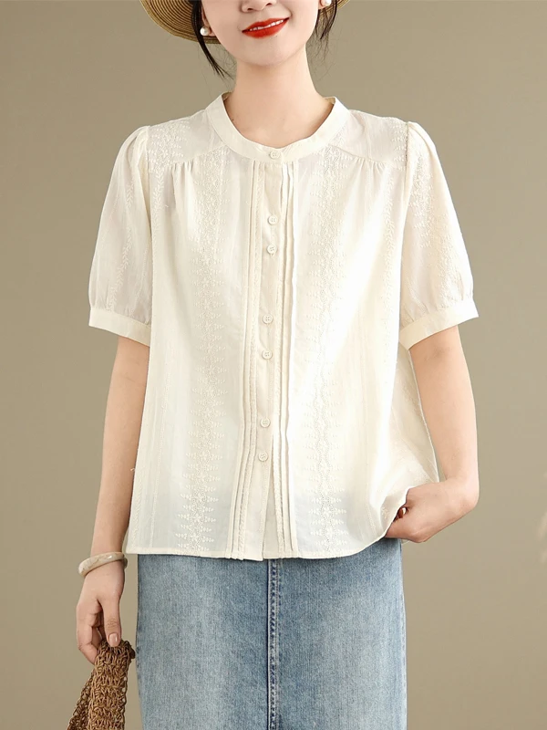 

Свободный крой, круглый вырез, короткий рукав, вышитая блузка, женская, больших размеров, повседневная, однотонная, модная, без бренда, для работы и отдыха