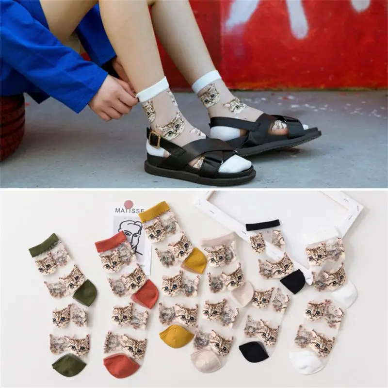 1 Pair Breathable Ultra Thin Socks Summer Women Transparent Lace Silk Crystal Cute Cat Girls Female Elastic Medium Tube Socks