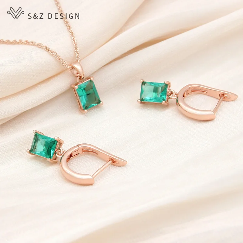 S&Z DESIGN New Fashion Rectangle Cubic Zirconia Drop Earrings Jewelry Sets For Women Elegant Wedding Pendant Necklace Gift