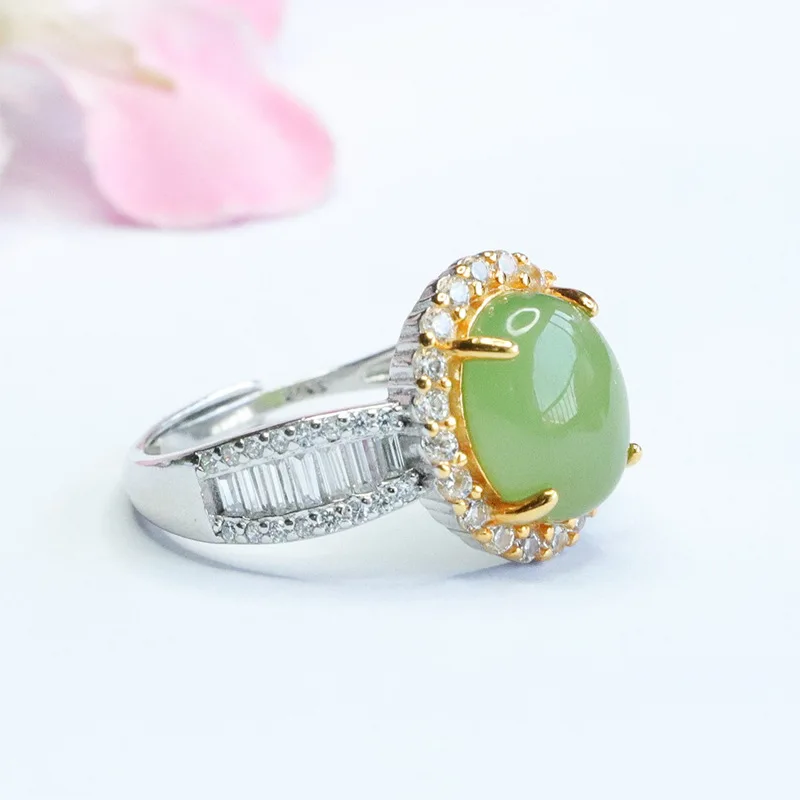 

S925 silver inlaid natural Hetian jade ring jasper egg surface ring jade