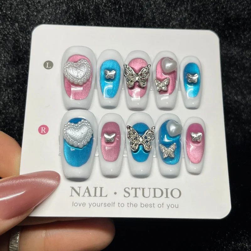 

10PCS Sweet Blue Pink Cat Eye False Nails Simple White French Metallic Silver Butterfly Press on Nails Handmade Heart Pearl Nail