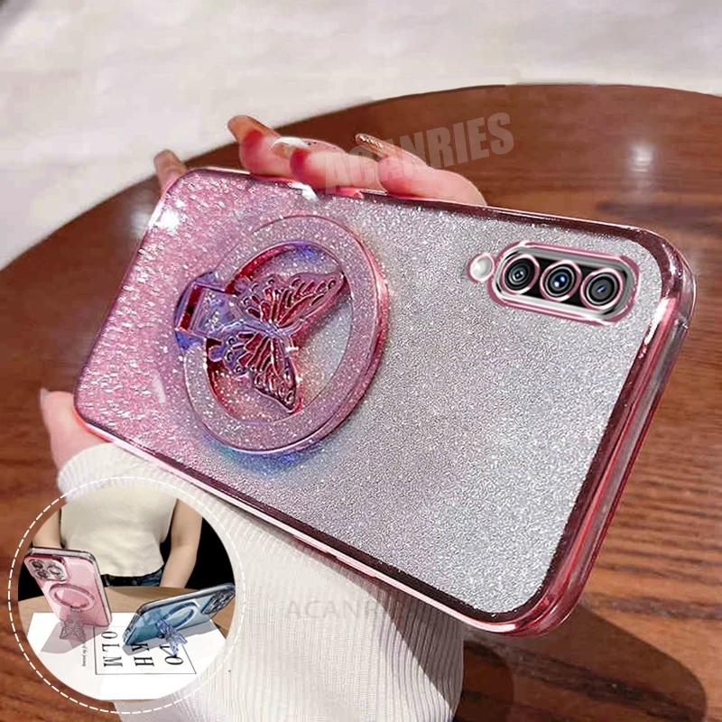 A 50 70 20 30 Butterfly Holder Plating Case For Samsung Galaxy A50 A70 A30 A30s A20 M14 M34 M54 M35 M52 M55 Silicone Stand Cover