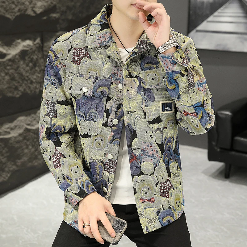 Autumn Men\'s Lapel New Retro High Street Print Jacket trend all-match Coat Streetwear Spring Men Fashion jacket