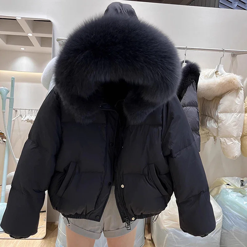 

Winter Short Natural Large Fur Collar Hooded Down Jacket Female Drawstring Puff Quilted Jackets Women White Duck Down Outwears