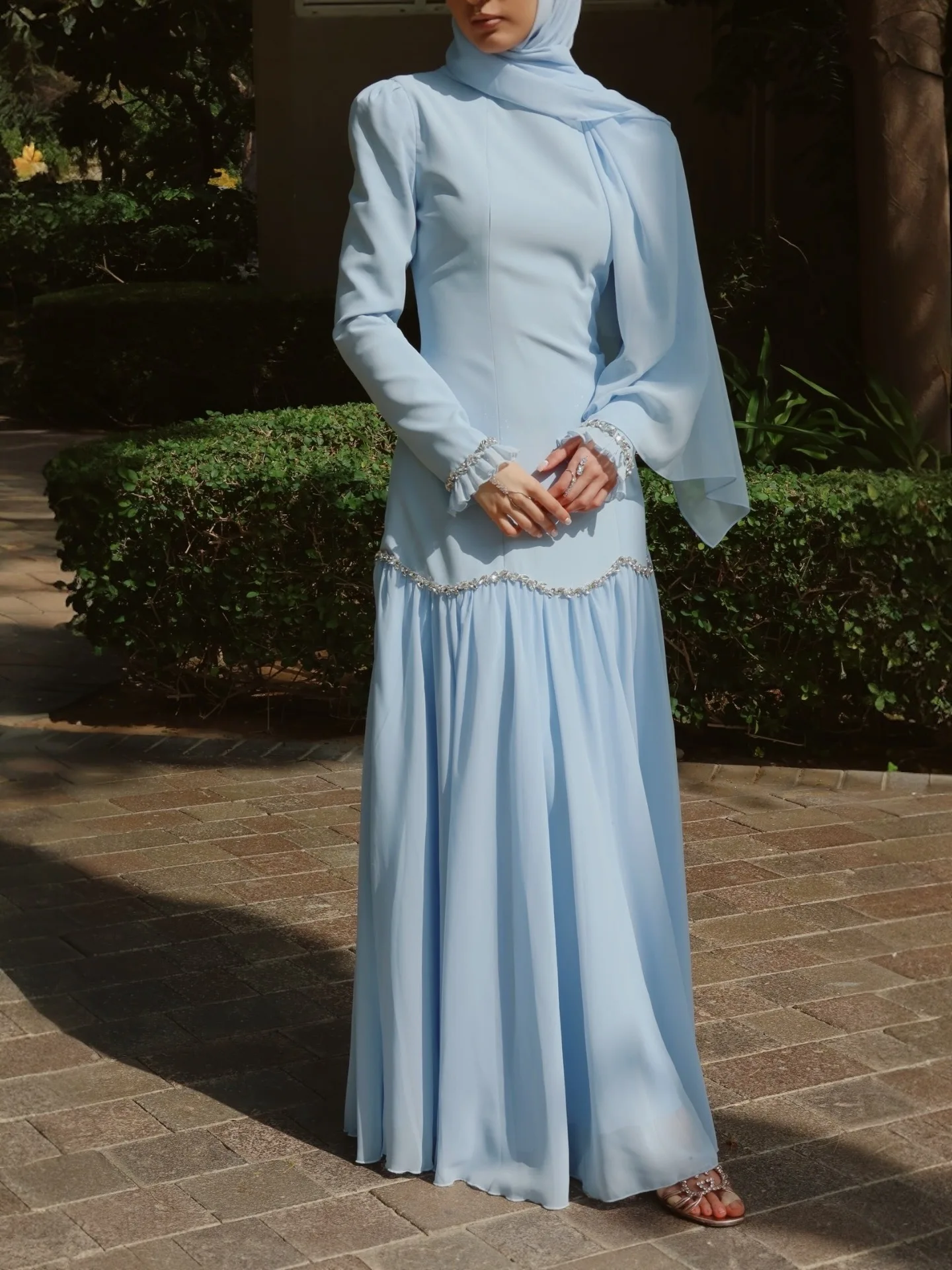 Rhinestone Waist Muslim Maxi Dress Long Ruffle Sleeve Abaya Women Modest Islamic Caftan Ramadan Eid Evening Party Long Gown