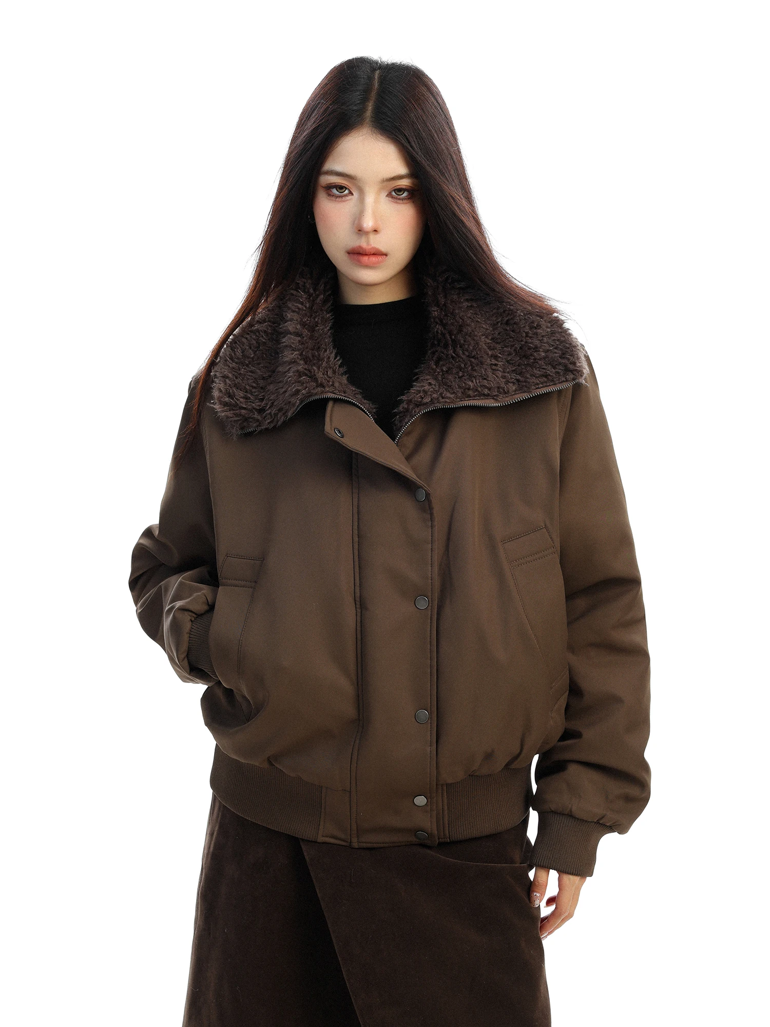 

Thiened Ретро Американский Sle женское хлопковое пальто с воротником из овечьего меха, теплая зимняя верхняя одежда с застежкой-молнией Long Sve