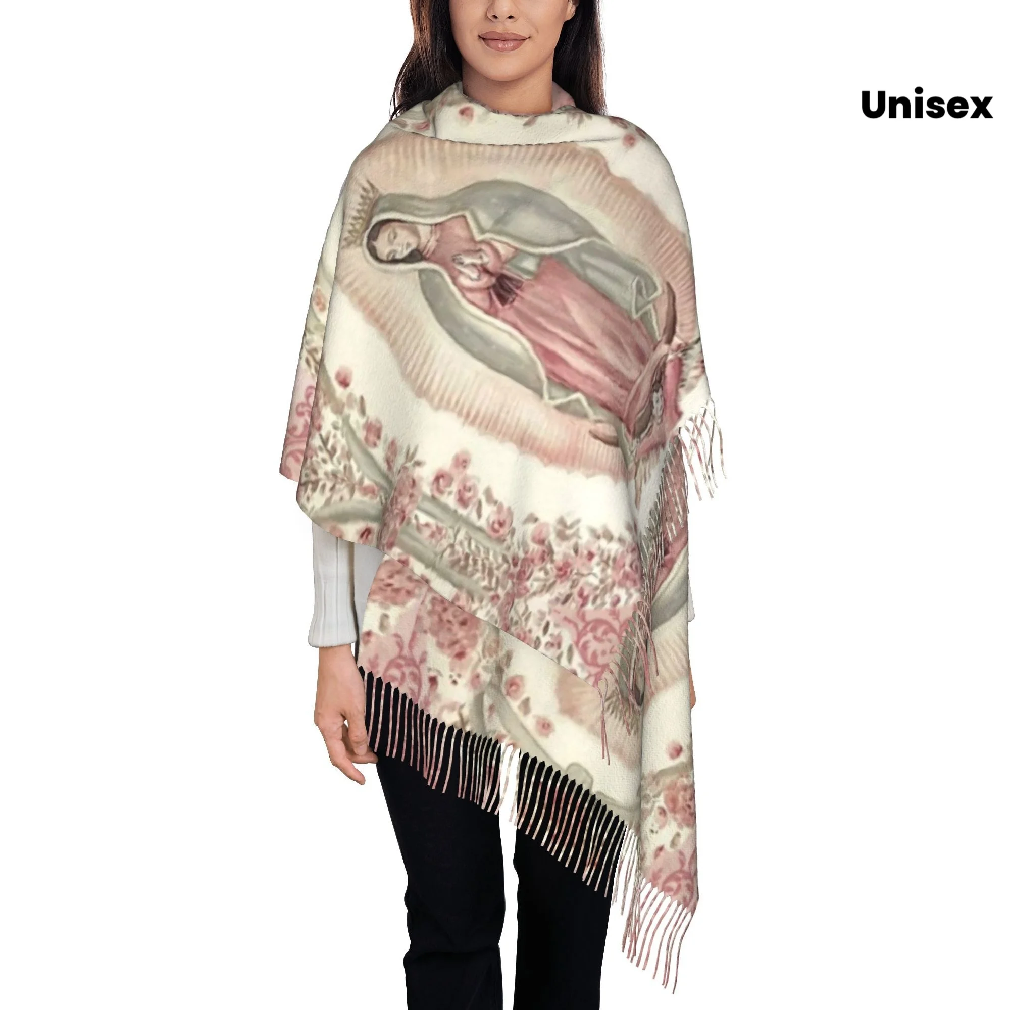 Guadalupe Madonna Unisex Scarf for Autumn And Winter, Featuring Tassels, a Warm And Wind-Resistant Shawl, Perfect for Casual