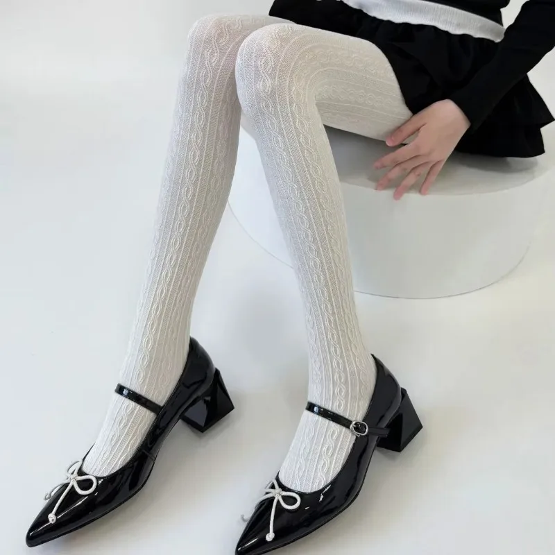 1 Pasang Stoking Rajut Katun Vintage Lolita untuk Wanita dan Gadis, Musim Gugur Musim Dingin, Berlubang, Bergaris, Seksi dan Imut