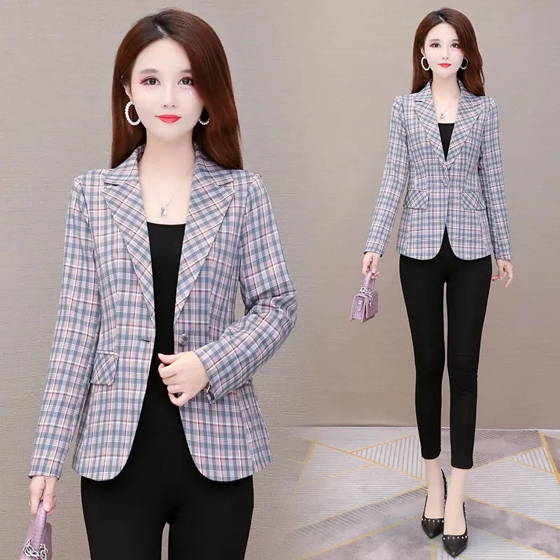 LadyPlaid Suit Temperament Jacket Slim Women's Clothing 2022 Spring And Autumn New Casual Fashion Short Women's Long-sleeved Top