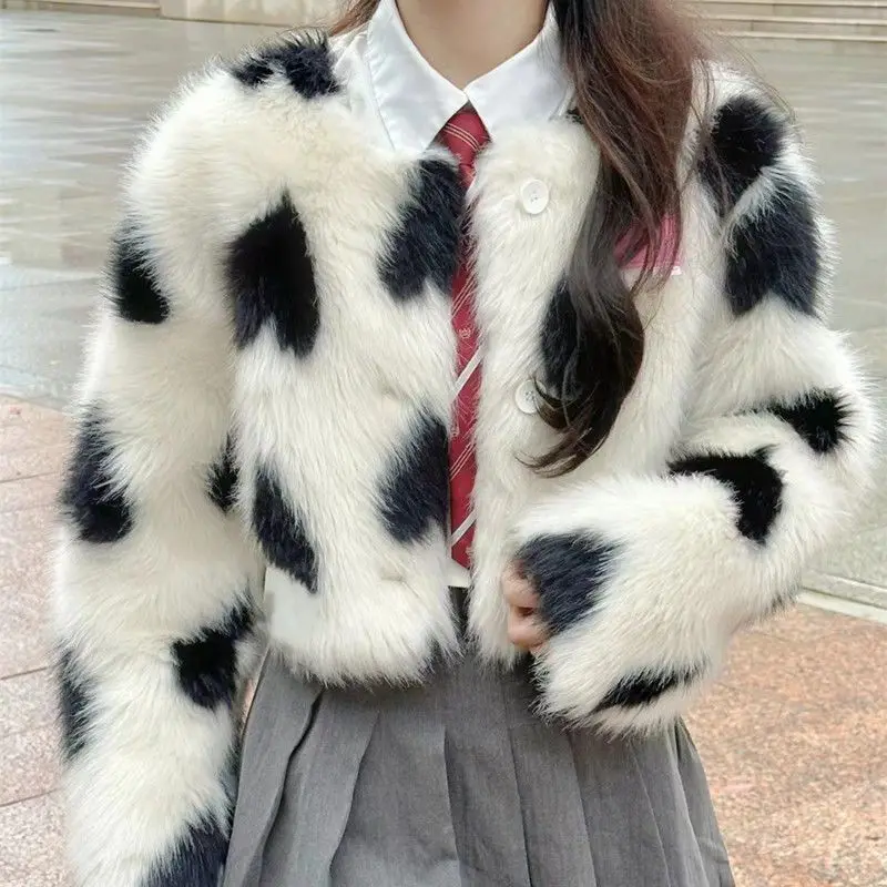 Chic Fluffy Faux Fox Fur Coat Thickened Heart Shaped Printed Imitation Mink Fur Bomber Jacket High Waist Flocking Parka Cardigan