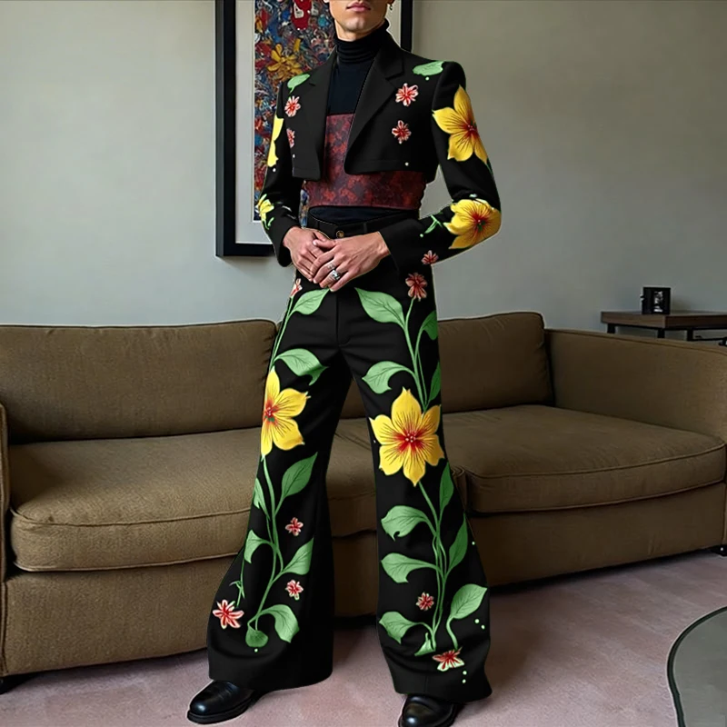 INCERUN Men Sets Printing Lapel Long Sleeve Crop Blazer & Wide Leg Pants 2PCS Streetwear Personality Fashion Men's Casual Suits