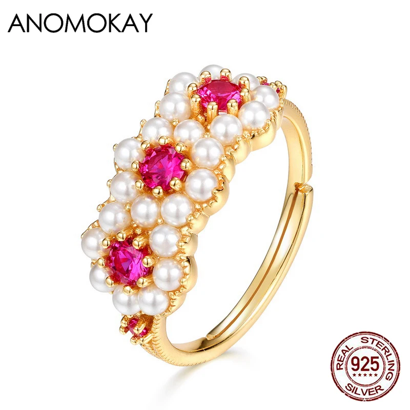 Anomokay Three Piece Flower Red Corundum Gold Color Ring Full of Pearl 925 Silver Rings Romantic Jewelry Gift