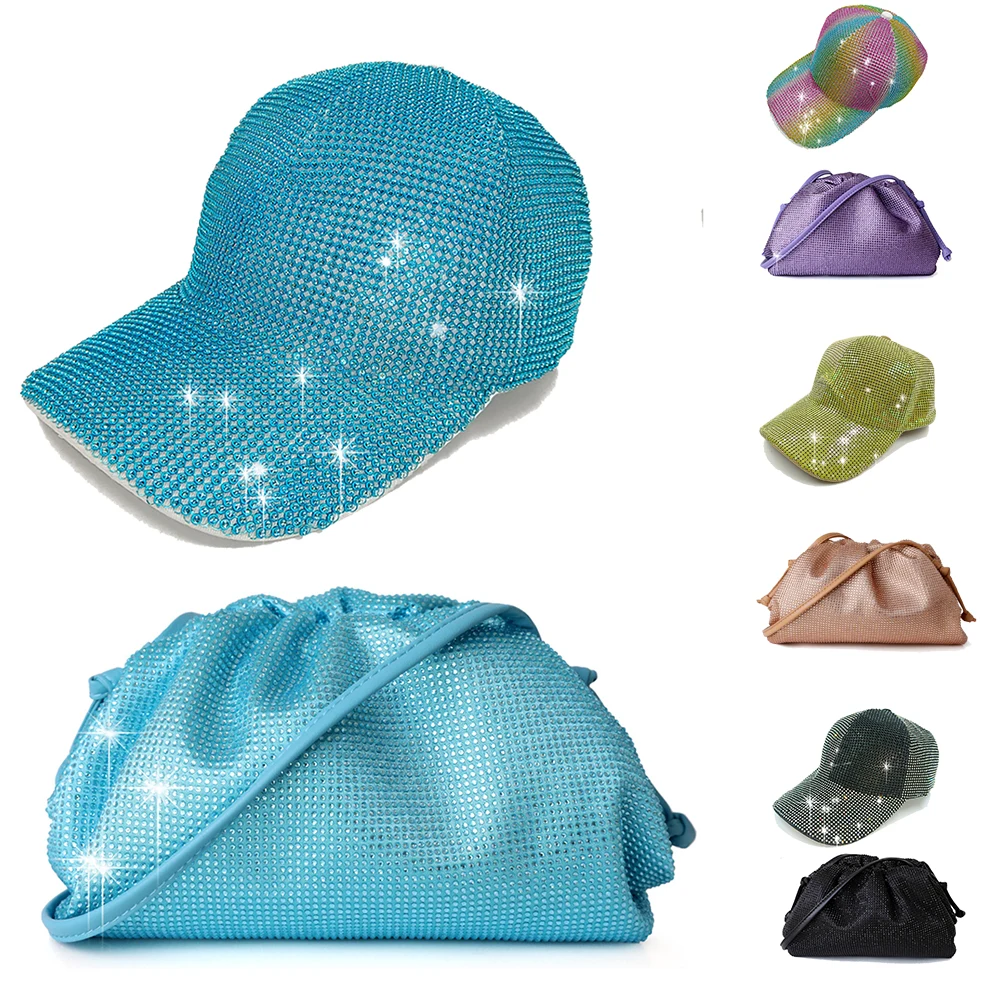 Super Flash Full Diamond Baseball Hat and Rhinestone Bag Set Summer Empty Top Hat Breathable Sunshade Beach Sun Hat Wholesale